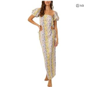 NWOT La Porte Floral Puff Sleeve Linen Maxi Dress w/Cut Outs Sz XS S M L XL